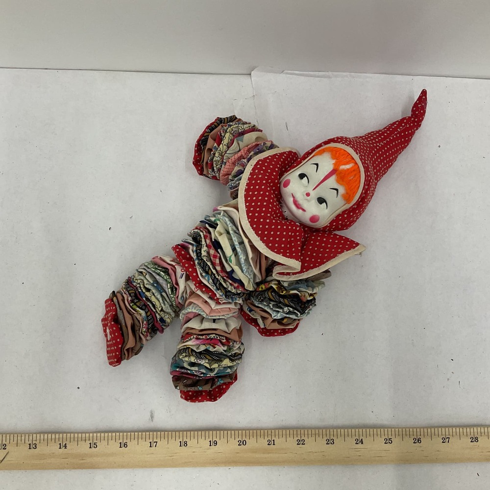 Vintage Creepy Scary Accordion Red Jester Clown Plastic Face Doll Spooky Dadcore